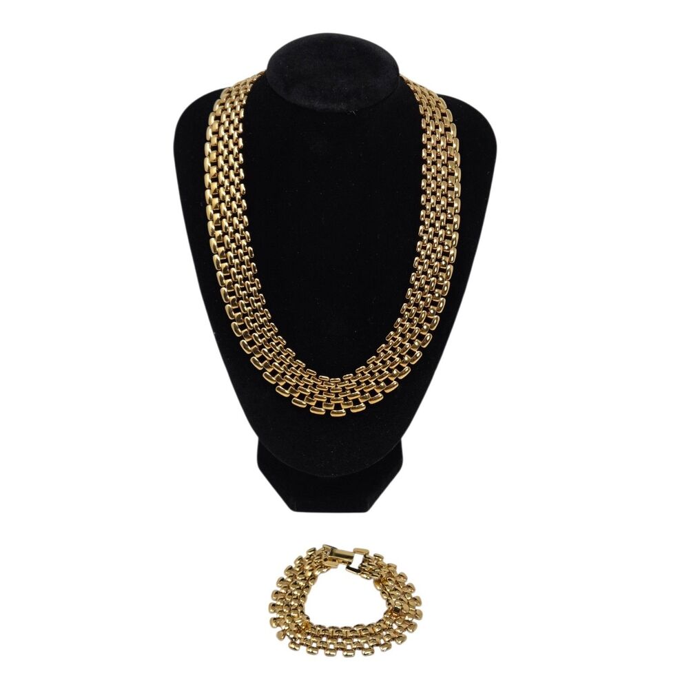 Signed Napier Vintage 1980s Gold Tone Wide Panther Link Necklace Bracelet Set